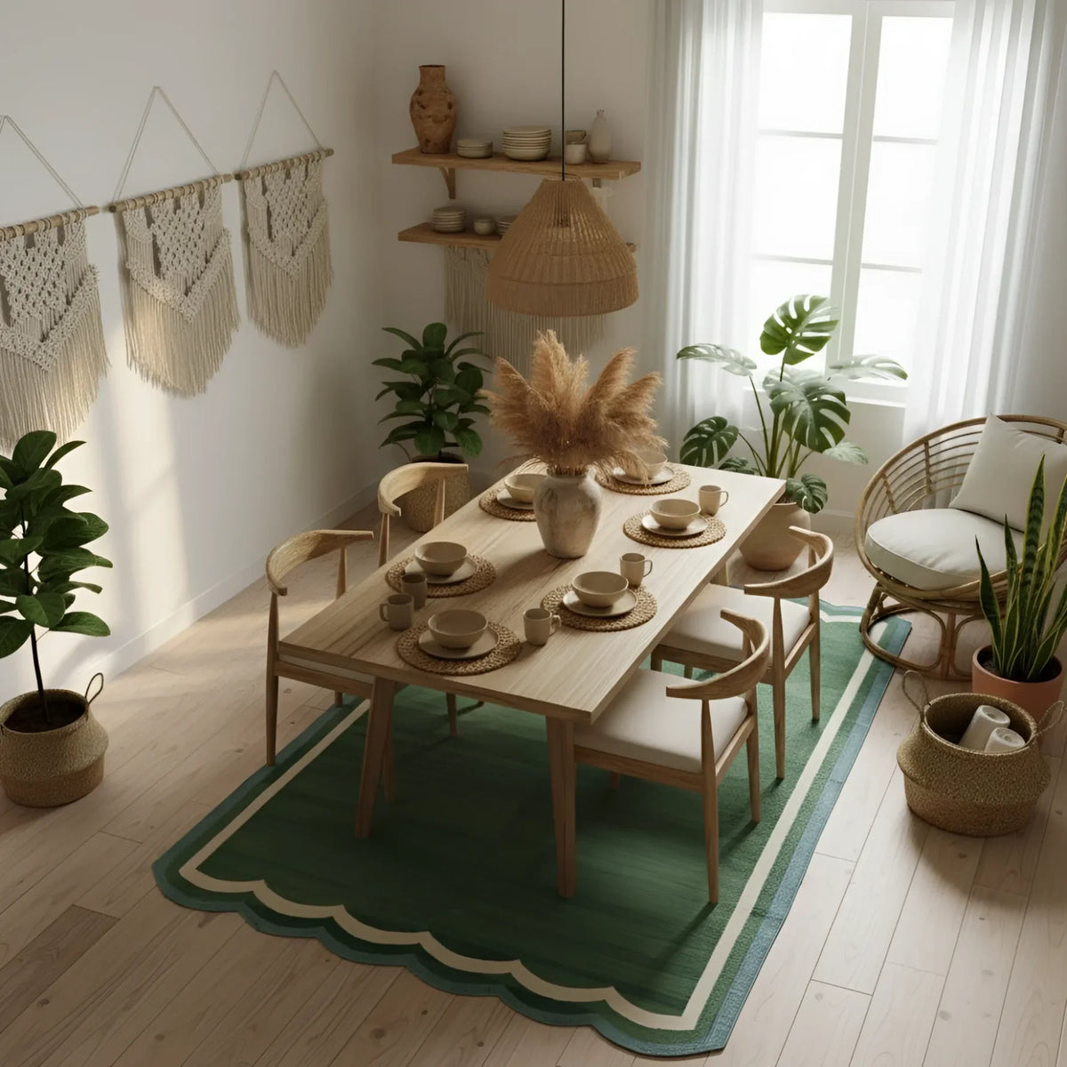 Dining room with wooden table, chairs, cotton rug, and decorative elements in a bright room.