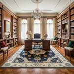 Grand office with wooden desk, a traditional hand-tufted wool rug, bookshelves, and chandelier