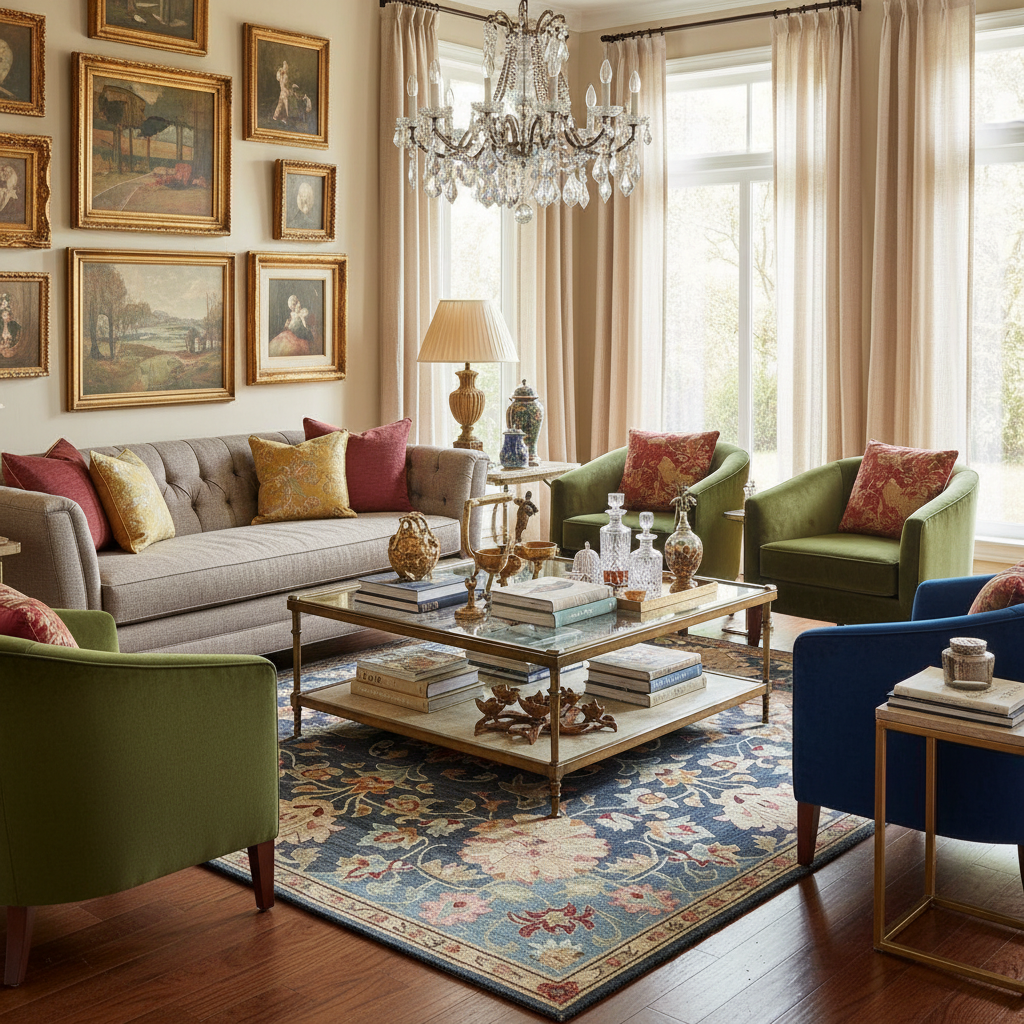 Living room with a chandelier, framed art, a vintage inspired floral wool rug, and colorful furniture.