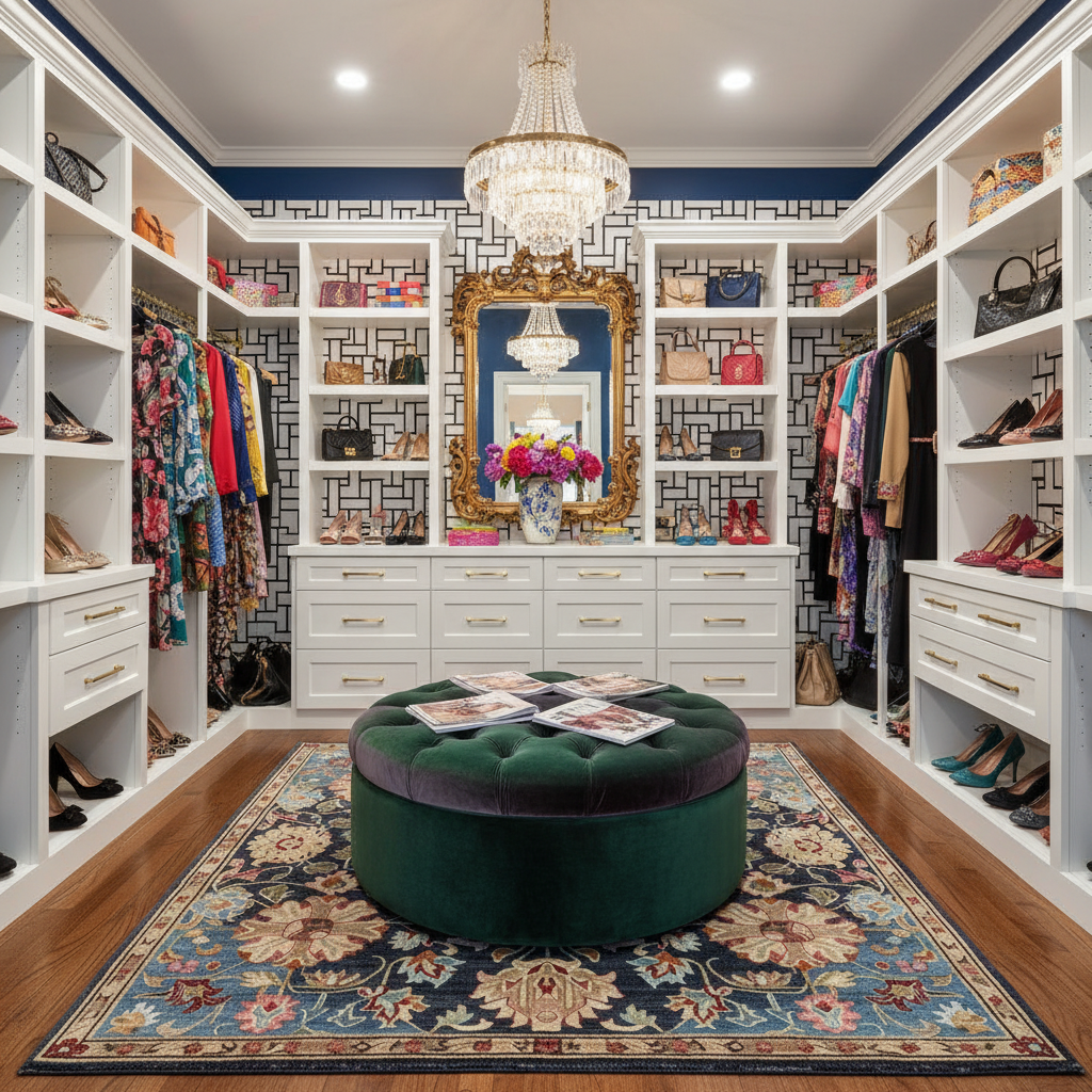 Luxurious walk-in closet with white shelves, a blue traditional floral wool rug, clothing, and decorative elements.