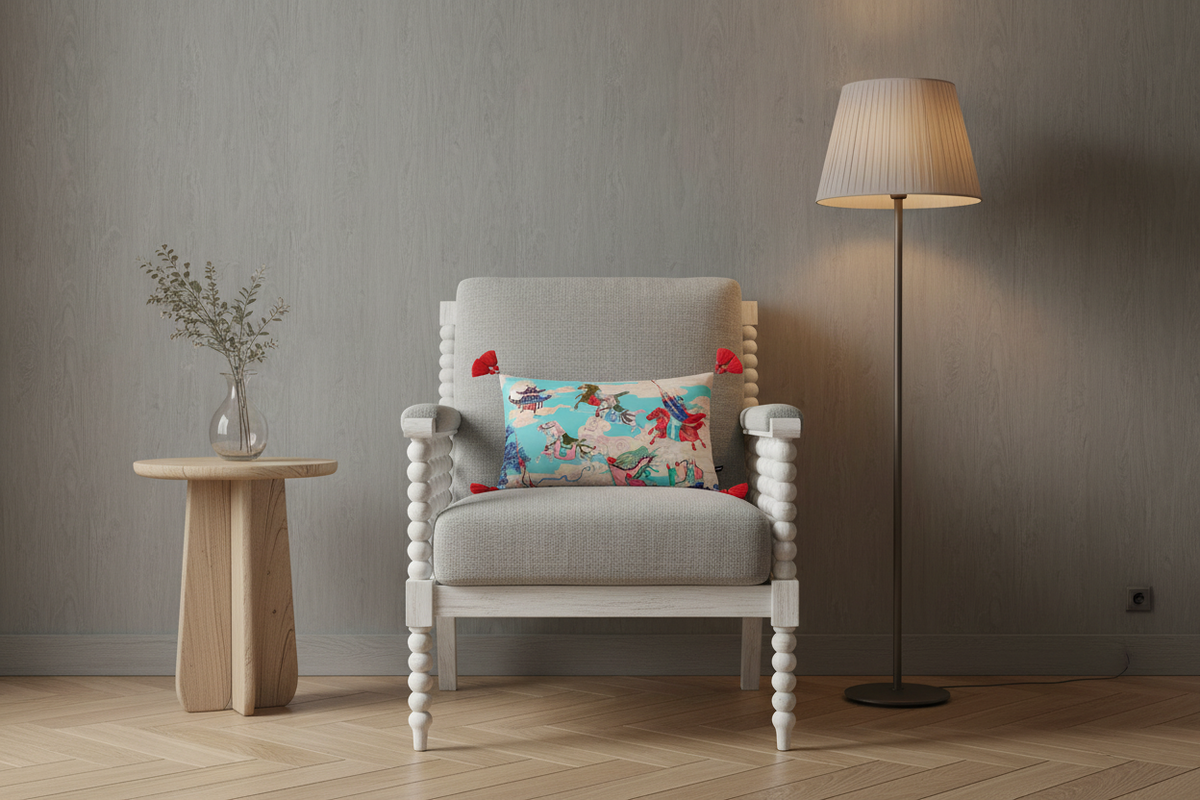 A light gray upholstered armchair with white turned wooden arms and legs, styled with a colorful floral throw pillow and red pom-poms, set in a minimalist room with a wooden side table, a floor lamp, and a gray textured wall.
