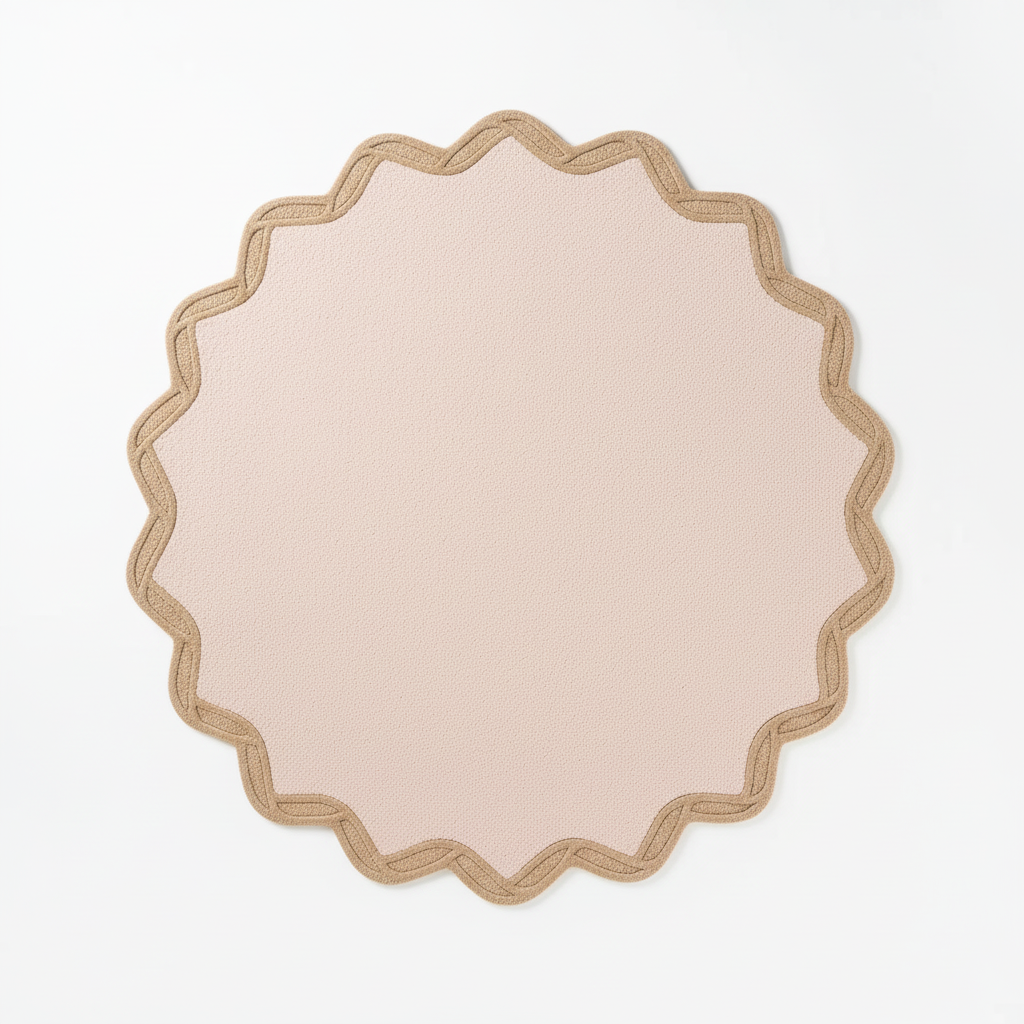 Round beige rug with scalloped edge on a light gray background