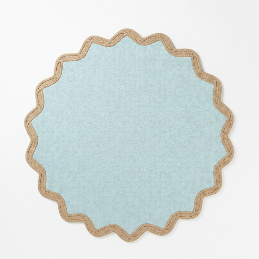 Round blue rug with a decorative brown frame on a white background