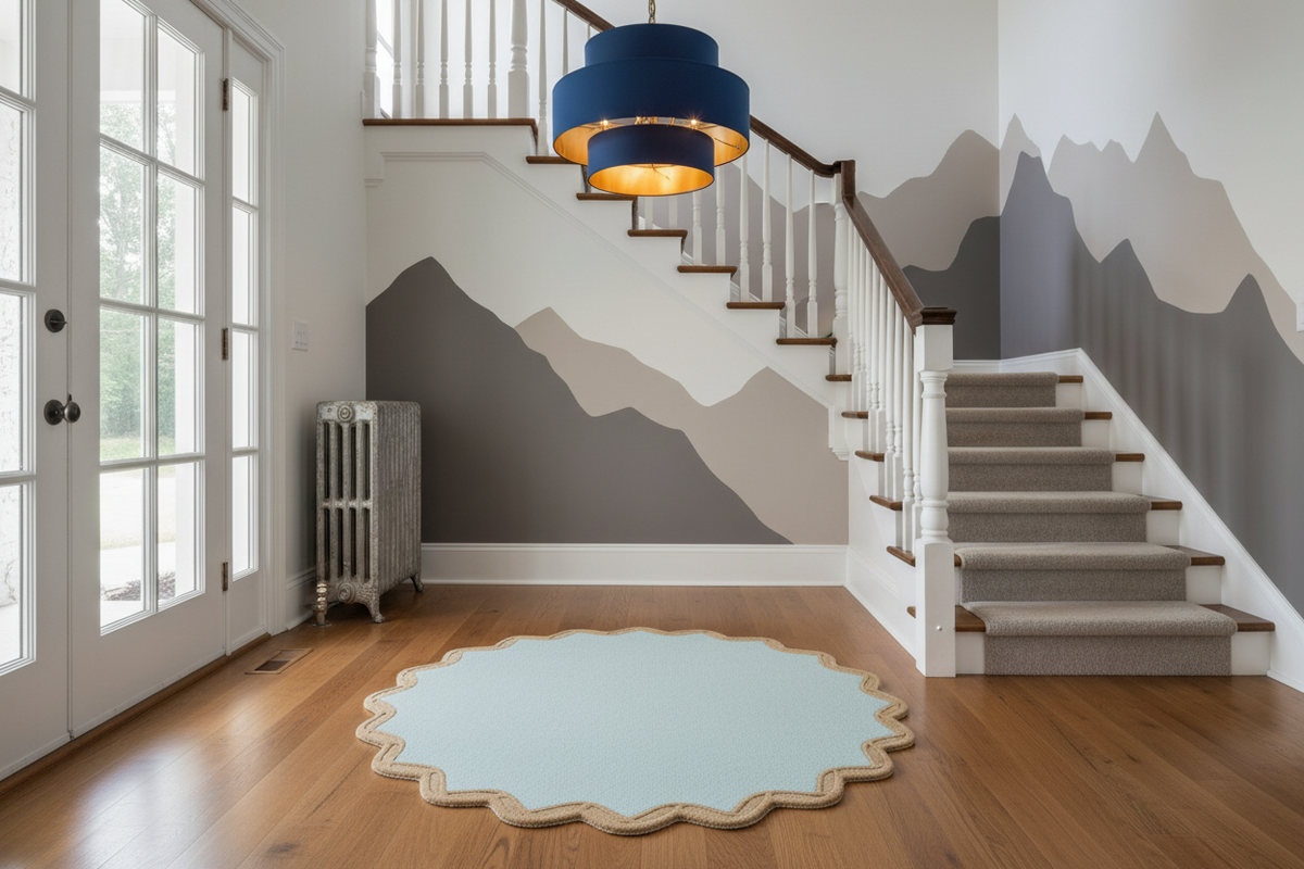 Staircase with a mountain mural on the wall, blue pendant light, and round light blue rug.