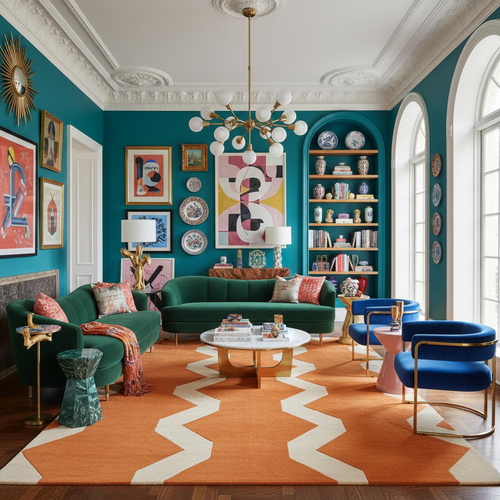Modern living room with teal walls, green sofa, and colorful decor