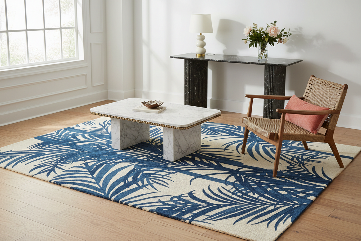 Living room with a blue and white patterned rug, wooden chair, and coffee table.