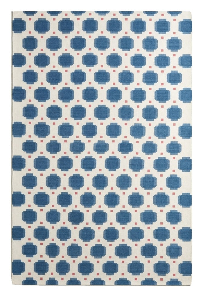 Cobalt Honeycomb Dot Flatweave Rug — blue, cobalt, white geometric rug by Maia Homes on a white background
