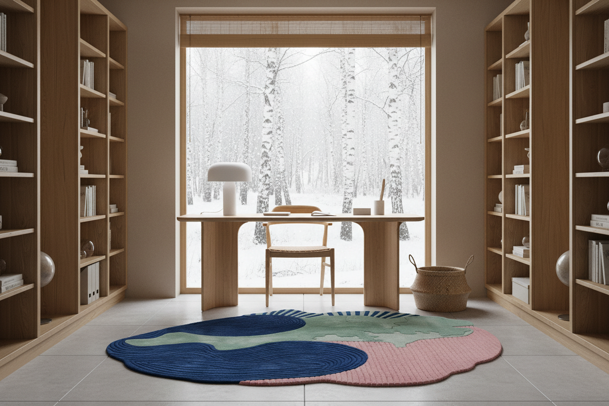 Modern room with wooden bookshelves, a colorful rug, and a view of a snowy landscape through a large window.