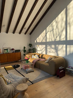 Top-down view of a living room with a  rug, couch, coffee table, and decorative items.