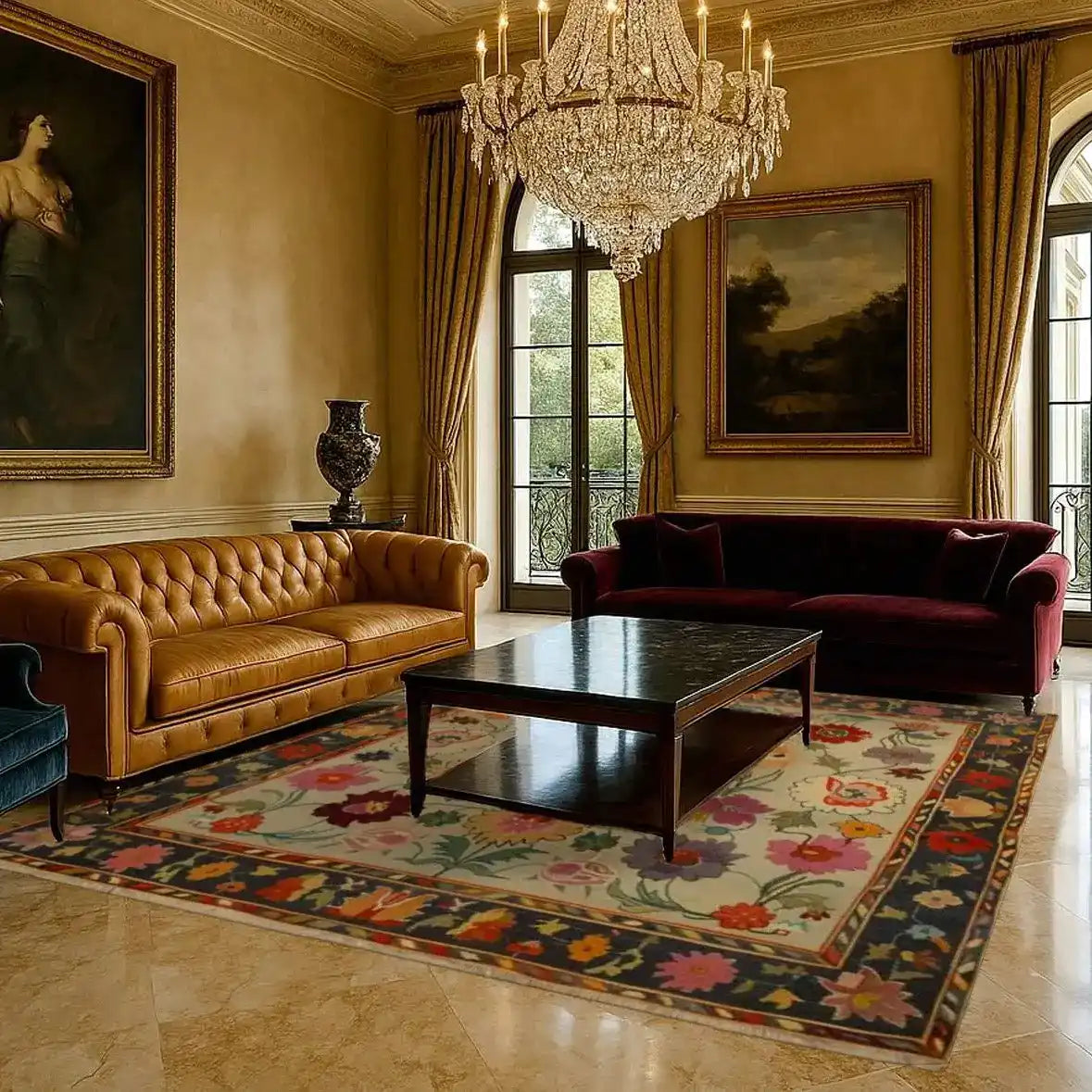 A luxurious living room featuring a Colorful Canopy Hand Knotted Area Rug with vibrant floral patterns. This vintage Persian-inspired rug adds a touch of elegance, making it an ideal choice for area rugs in the living room. The room is adorned with a classic chandelier, plush sofas, and framed artwork, creating a harmonious blend of style and comfort.