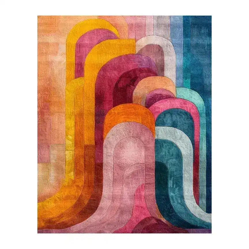 A colorful abstract hand-tufted area rug featuring bold, wavy patterns in various shades of pink, orange, yellow, blue, and teal. This wool rug is perfect for adding a vibrant touch to living rooms, dining rooms, or bedrooms, making it an ideal choice for those seeking unique living room and dining room rugs.