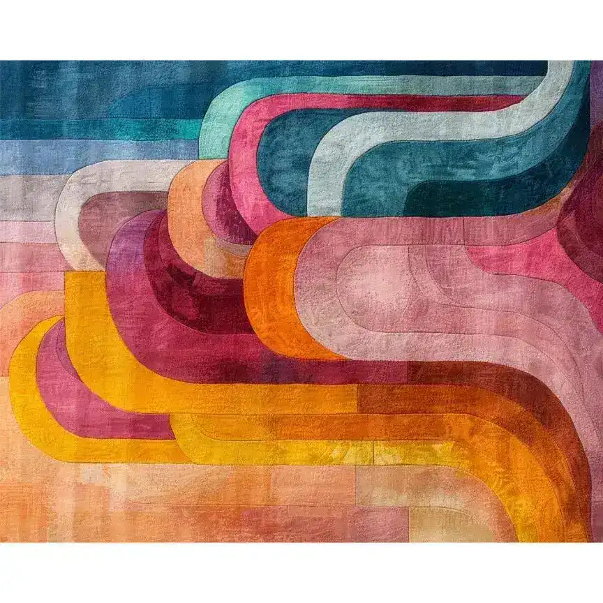 Vibrant and colorful abstract hand tufted area rug with swirling patterns in shades of blue, pink, orange, and yellow. Perfect for adding a pop of color to living room and dining room rugs, as well as bedrooms and dining rooms. This wool rug offers a unique design that complements dining room area rugs.