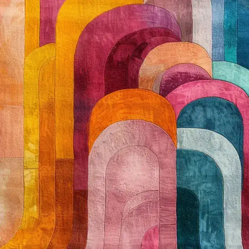 Colorful abstract hand-tufted area rug featuring overlapping arches in vibrant shades of orange, pink, and blue. Perfect for adding a splash of color to living rooms, dining rooms, or bedrooms, this wool rug combines modern design with cozy warmth, ideal for dining room area rugs.