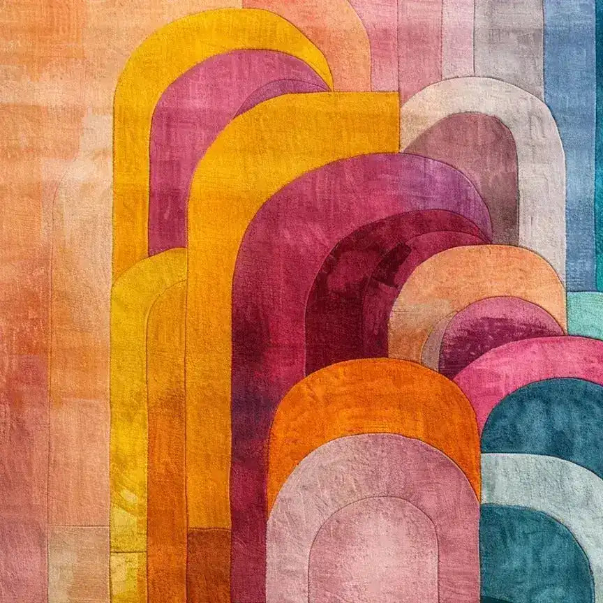 Colorful abstract area rug featuring vibrant arches in shades of pink, orange, yellow, and blue. Perfect for adding a pop of color to living room and dining room spaces. This hand tufted wool rug is ideal for bedrooms and dining rooms, offering a cozy and artistic touch.