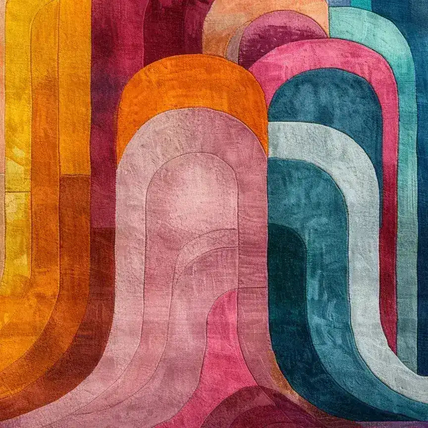 Vibrant and colorful abstract area rug featuring a blend of warm and cool tones, ideal for adding a pop of color to living room and dining room spaces. This hand-tufted wool rug showcases a variety of overlapping arches in shades of orange, pink, teal, and blue, perfect for enhancing the aesthetic of any bedroom or dining room as a dining room area rug.