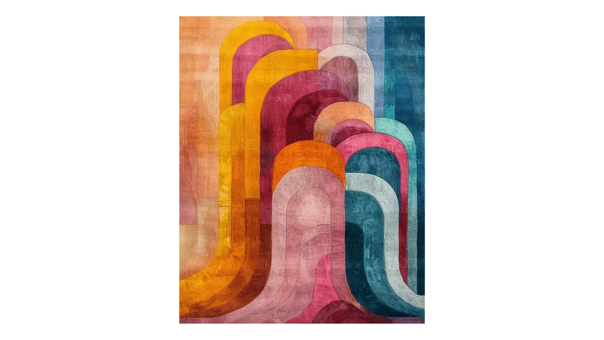 A vibrant, colorful abstract hand tufted area rug perfect for adding a splash of color to living room and dining room spaces. This wool rug features dynamic curves in shades of orange, pink, blue, and yellow, making it an ideal choice for bedrooms and dining room area rugs.