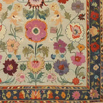Vibrant and intricate hand-knotted area rug featuring a colorful floral motif, perfect for adding a vintage touch to your living room. This Persian-inspired design showcases an array of flowers in rich hues, framed by a detailed border, making it an ideal choice for those seeking elegant area rugs for a living room.