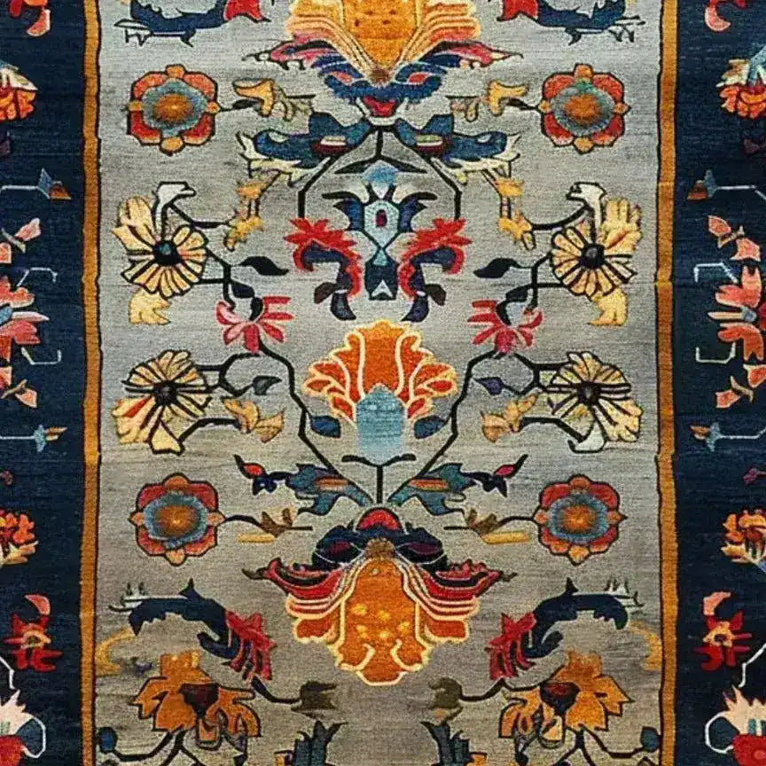 Vibrantly patterned Colorful Carnival Hand Tufted Wool Rug featuring intricate floral designs and bold colors, perfect as a large area rug for your living room. This exquisite wool rug adds warmth and style to any living room setting.
