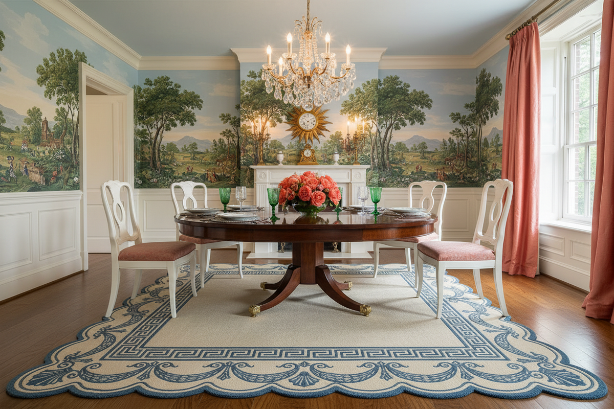 Dining room with a round wooden table, scallop rug, chairs, and decorative wall paintings.