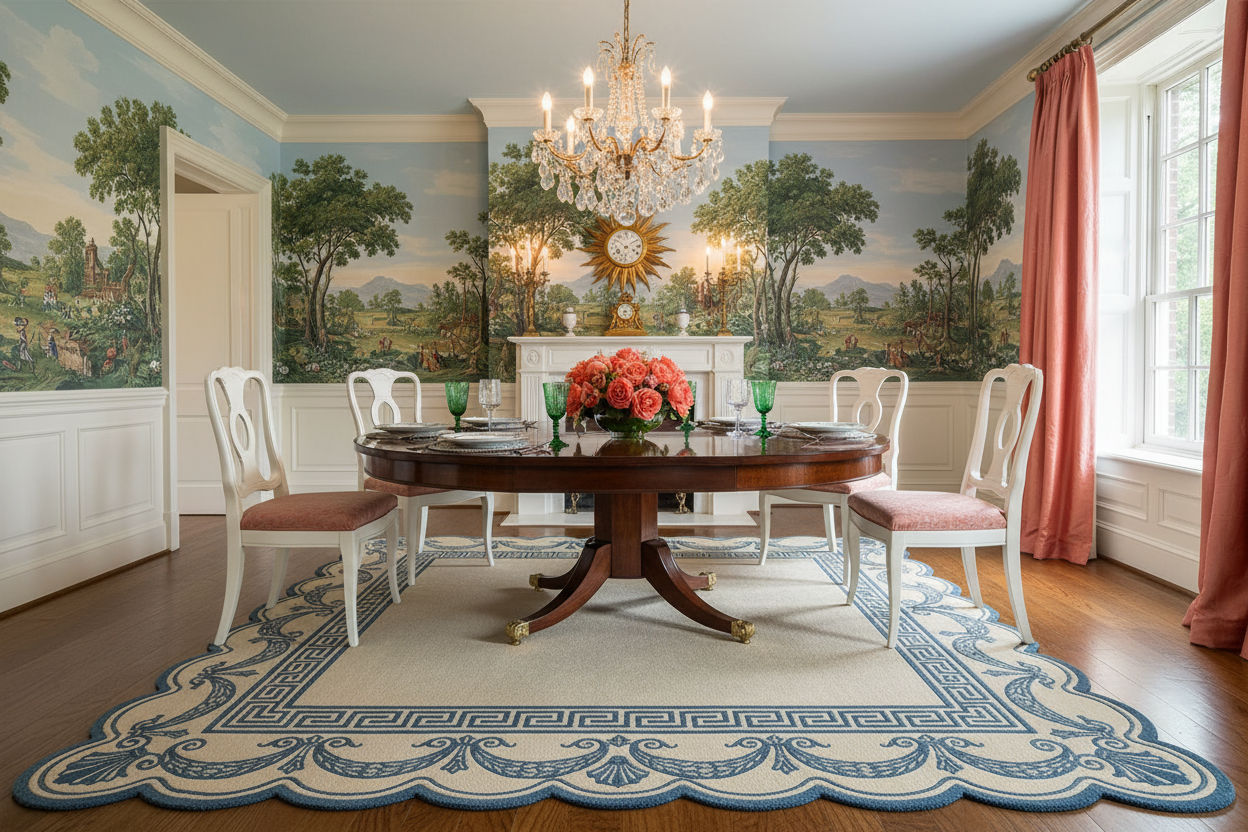 Dining room with a round wooden table, scallop rug, chairs, and decorative wall paintings.