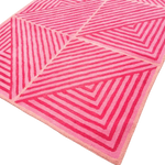 This image showcases a vibrant Contemporary Hot Pink Geometric Hand Tufted Wool Rug, perfect for adding a bold statement to large living room rugs or dining room carpets. The rug features striking geometric patterns in various shades of pink, ideal for enhancing the decor of a dining room or living room with a touch of modern style.