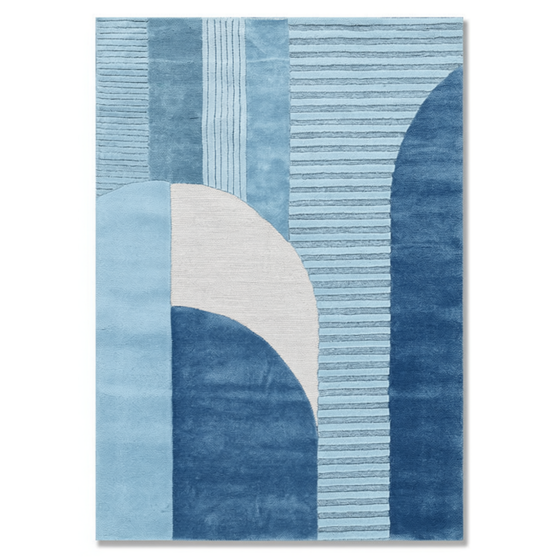 A square area rug featuring an abstract geometric pattern in shades of blue and white, with vertical textured stripes and curved arch shapes.
