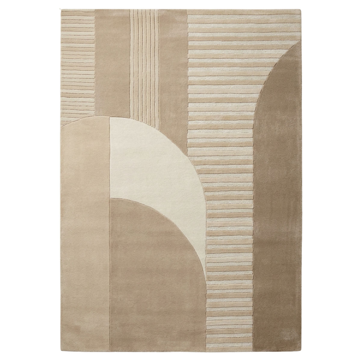 An abstract area rug featuring a mid-century modern geometric design with curved shapes and horizontal stripe textures in beige, taupe, cream, and light brown tones.