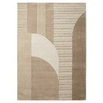 An abstract area rug featuring a mid-century modern geometric design with curved shapes and horizontal stripe textures in beige, taupe, cream, and light brown tones.