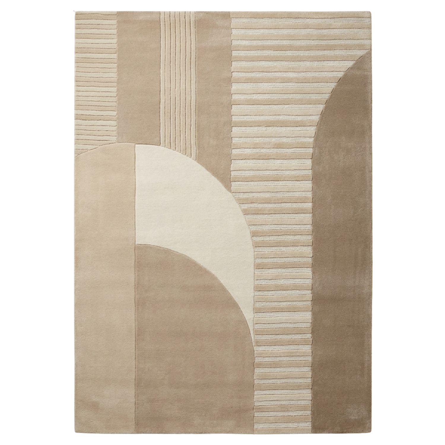 An abstract area rug featuring a mid-century modern geometric design with curved shapes and horizontal stripe textures in beige, taupe, cream, and light brown tones.