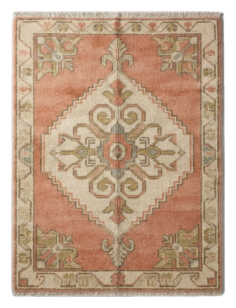Coral Sunset Oushak Hand Knotted Rug — coral, peach, cream traditional rug by Maia Homes on a white background