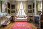 Stately room with classical decor, red rug, including a sofa, fireplace, and framed artworks.