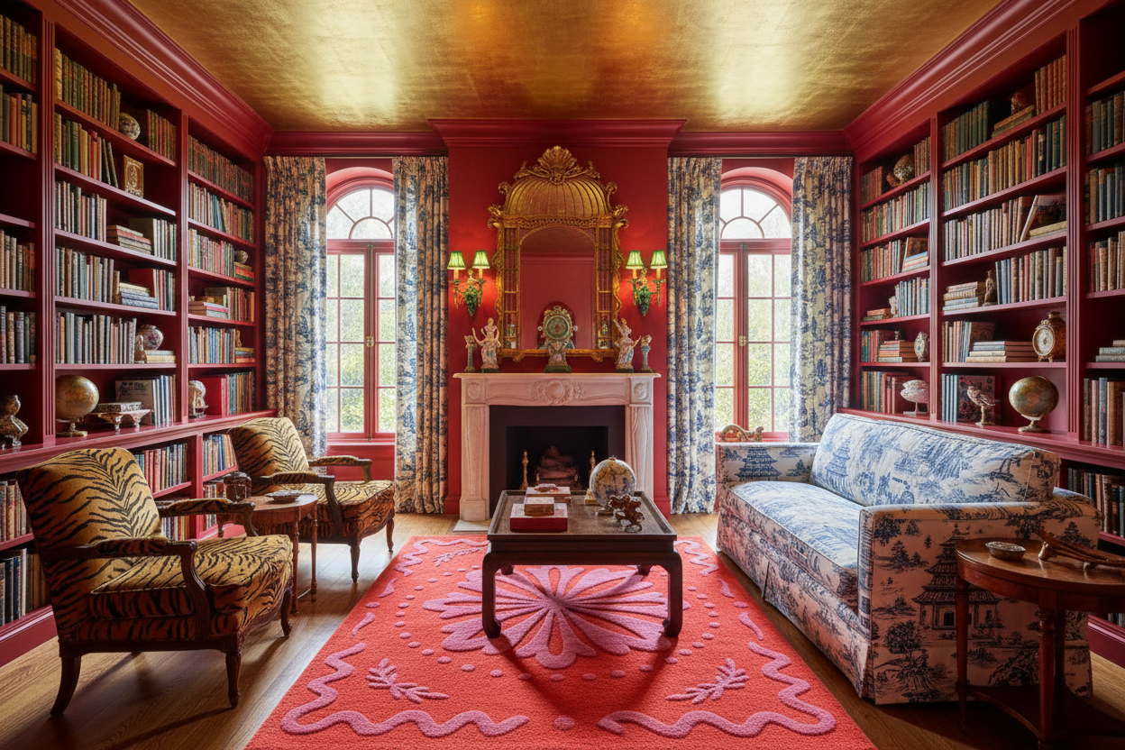 Luxurious living room with red walls, bookshelves, red floral rug, and a patterned sofa.