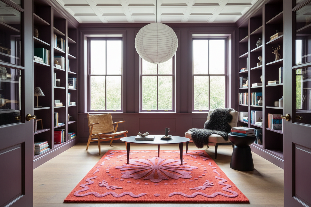 Living room with bookshelves, a coffee table, and a colorful rug.