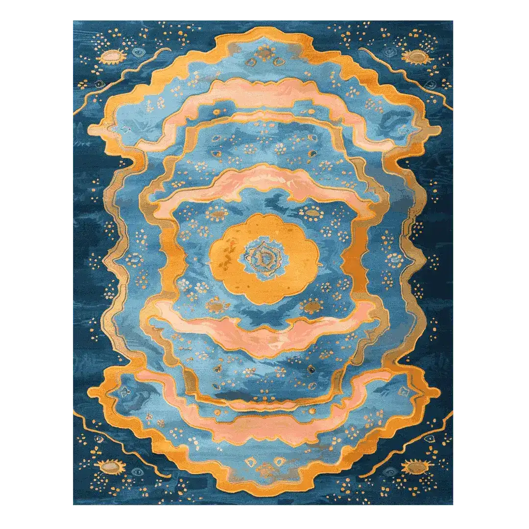 The Cosmic Bloom Hand Knotted Rug features an abstract design with vibrant blue, pink, and orange hues, perfect for large living room spaces. This contemporary wool rug showcases intricate patterns, making it an ideal choice for those seeking stylish area rugs for living rooms.