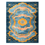 The Cosmic Bloom Hand Knotted Rug features an abstract design with vibrant blue, pink, and orange hues, perfect for large living room spaces. This contemporary wool rug showcases intricate patterns, making it an ideal choice for those seeking stylish area rugs for living rooms.