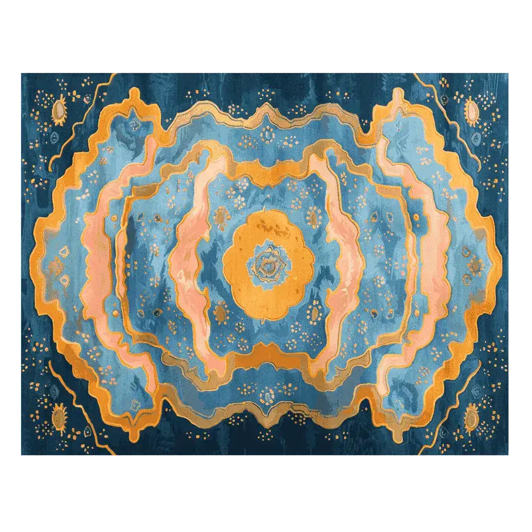This Cosmic Bloom Hand Knotted Rug showcases a vibrant and abstract design, perfect for large living room areas. The wool rug features an array of swirling blues, golds, and pinks, embodying a contemporary style that adds a touch of elegance to any space. It's an ideal choice for those seeking area rugs for living rooms.