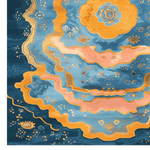 A vibrant Cosmic Bloom Hand Knotted Rug featuring an abstract design with swirling patterns in shades of orange, blue, and pink. Perfect as a large living room area rug, this contemporary wool rug adds a splash of color and style to any space.