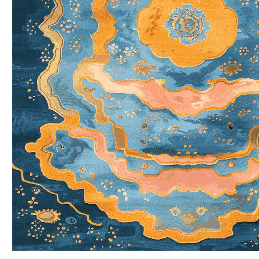 A vibrant Cosmic Bloom Hand Knotted Rug featuring an abstract design with swirling patterns in shades of orange, blue, and pink. Perfect as a large living room area rug, this contemporary wool rug adds a splash of color and style to any space.