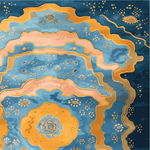 Top view of the Cosmic Bloom Hand Knotted Rug, a stunning area rug for living rooms. This contemporary wool rug features an abstract design in vibrant blues, oranges, and pinks, perfect for adding a splash of color to large living room spaces.