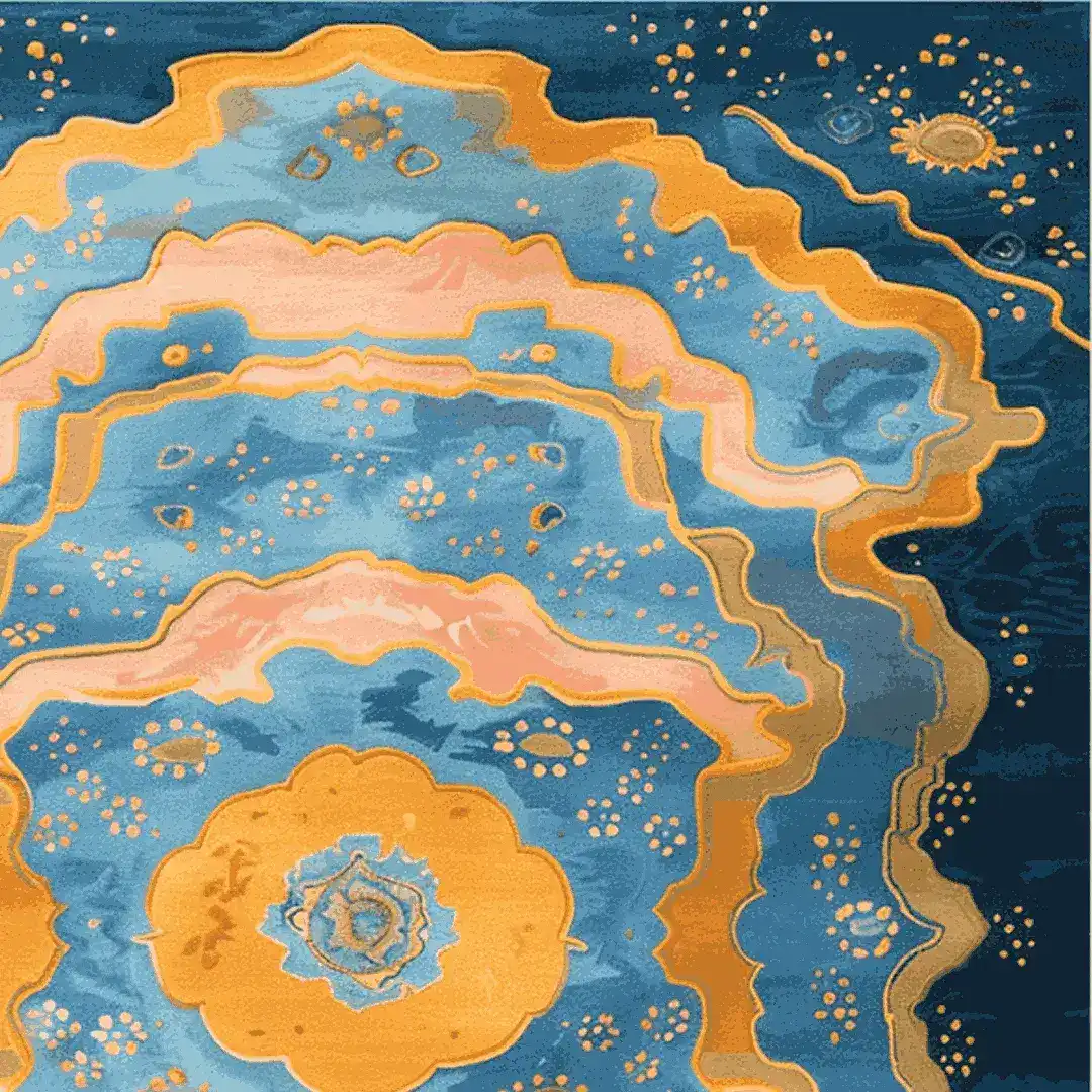 Top view of the Cosmic Bloom Hand Knotted Rug, a stunning area rug for living rooms. This contemporary wool rug features an abstract design in vibrant blues, oranges, and pinks, perfect for adding a splash of color to large living room spaces.