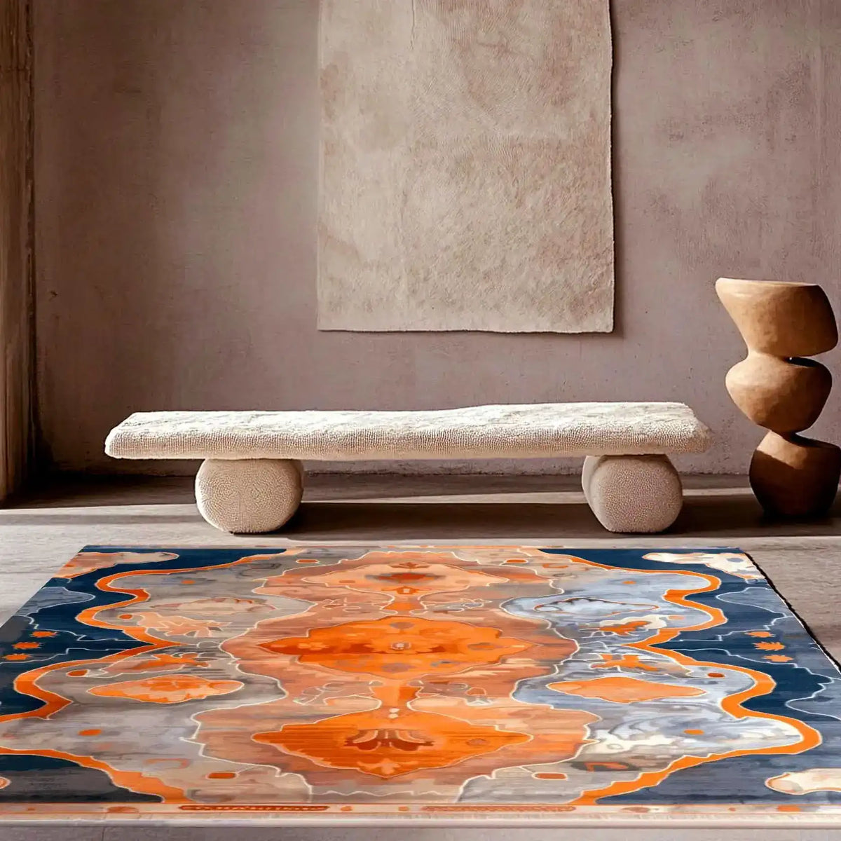 A contemporary area rug, showcasing an abstract design in vibrant orange, blue, and gray hues. This wool rug is perfect for adding a modern touch to a living room. The rug, sized 8x10, complements the minimalist decor with its bold patterns and luxurious texture.