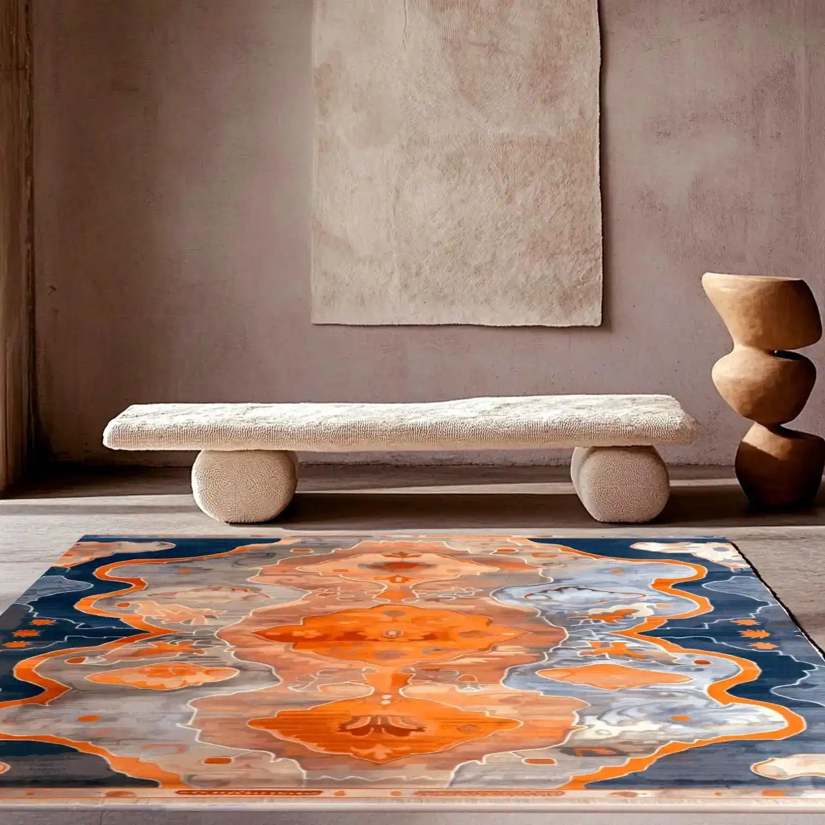 A contemporary area rug, showcasing an abstract design in vibrant orange, blue, and gray hues. This wool rug is perfect for adding a modern touch to a living room. The rug, sized 8x10, complements the minimalist decor with its bold patterns and luxurious texture.