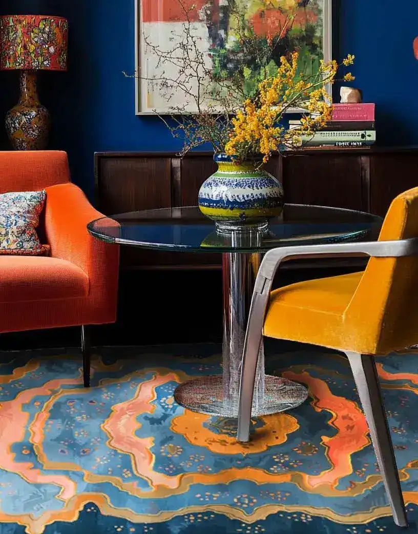 A vibrant and contemporary hand-knotted wool area rug, perfect for large living rooms, featuring abstract patterns in shades of blue, orange, and pink. The rug adds a touch of modern elegance to the room, complementing the bold colors of the orange sofa and yellow chair.