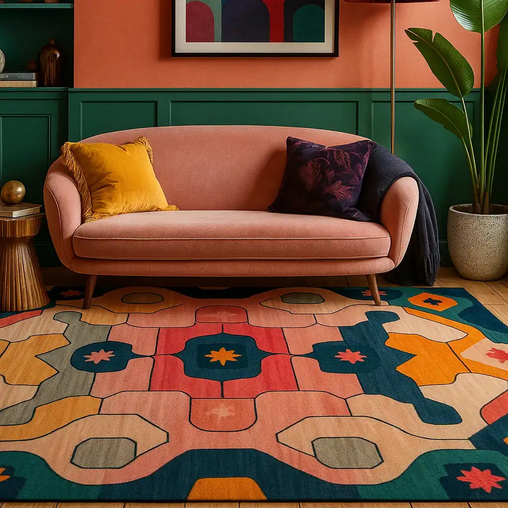A vibrant hand-tufted area rug with abstract geometric patterns in shades of red, blue, and yellow. This large wool rug is perfect for a living room setting, complementing the cozy pink sofa and green panelled walls for a contemporary look.