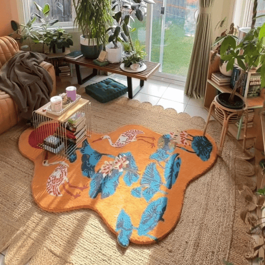 Cranes and Lotus in a Sunny Pond Hand Tufted Rug - Orange