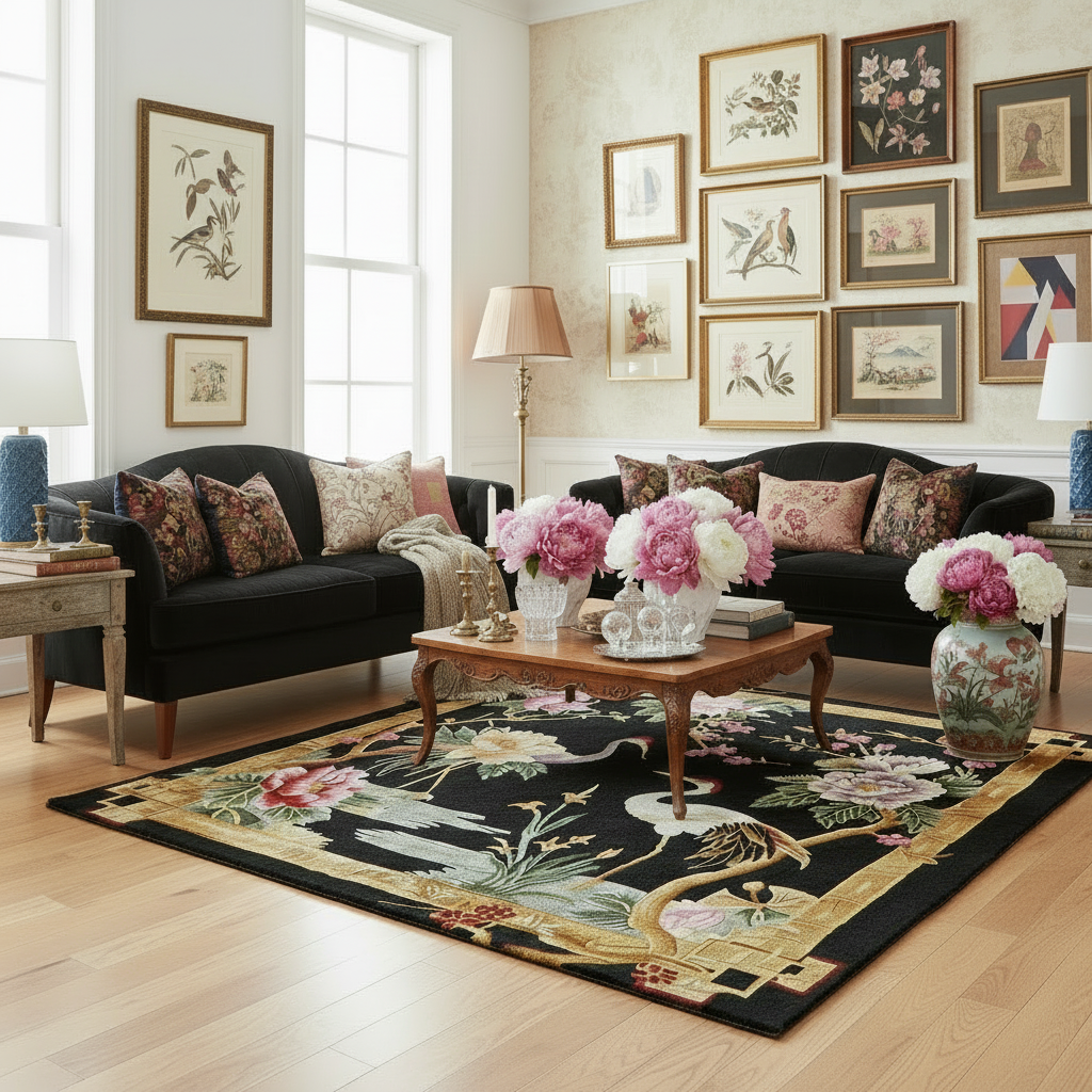 Living room with black sofa, floral rug, and decorative wall art