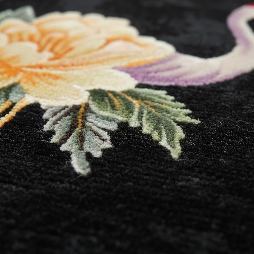 Close-up of embroidered floral design on black rug