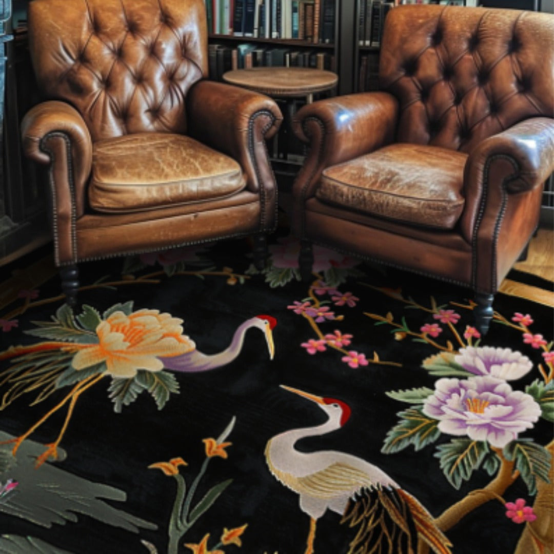 Cranes in Floral Harmony Hand Tufted Rug