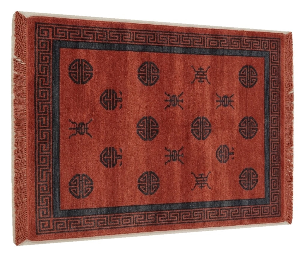 Crimson Longevity Court Hand Knotted Rug shown flat on a white background