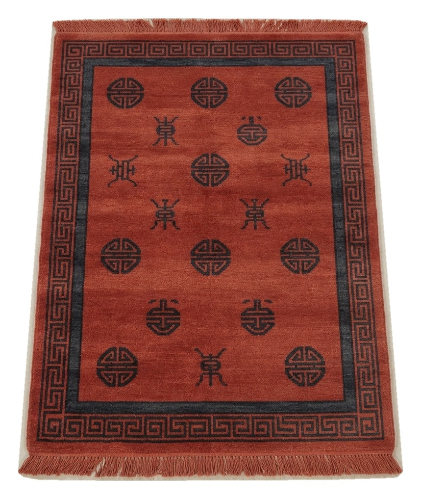 Crimson Longevity Court Hand Knotted Rug — red, navy, black chinoiserie rug by Maia Homes on a white background